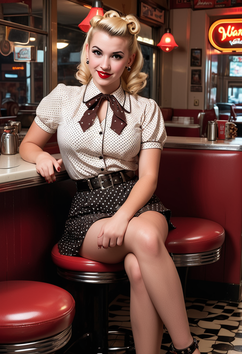 (medium full shot) of (retro rockabilly) young woman, voluptuous build, short blonde double braids hair, native american, mahogany skin, light brown eyes, wearing a polka dot tied blouse, underskirt, Mary Jane heels, black mascara, leather belt pearl necklace, set in  a classic diner, with timeless decor, vintage seating, nostalgic ambiance, stylish booths, and iconic counter stools, at night, woman smiling, ,Masterpiece,best quality, raw photo, realistic, very aesthetic, dark