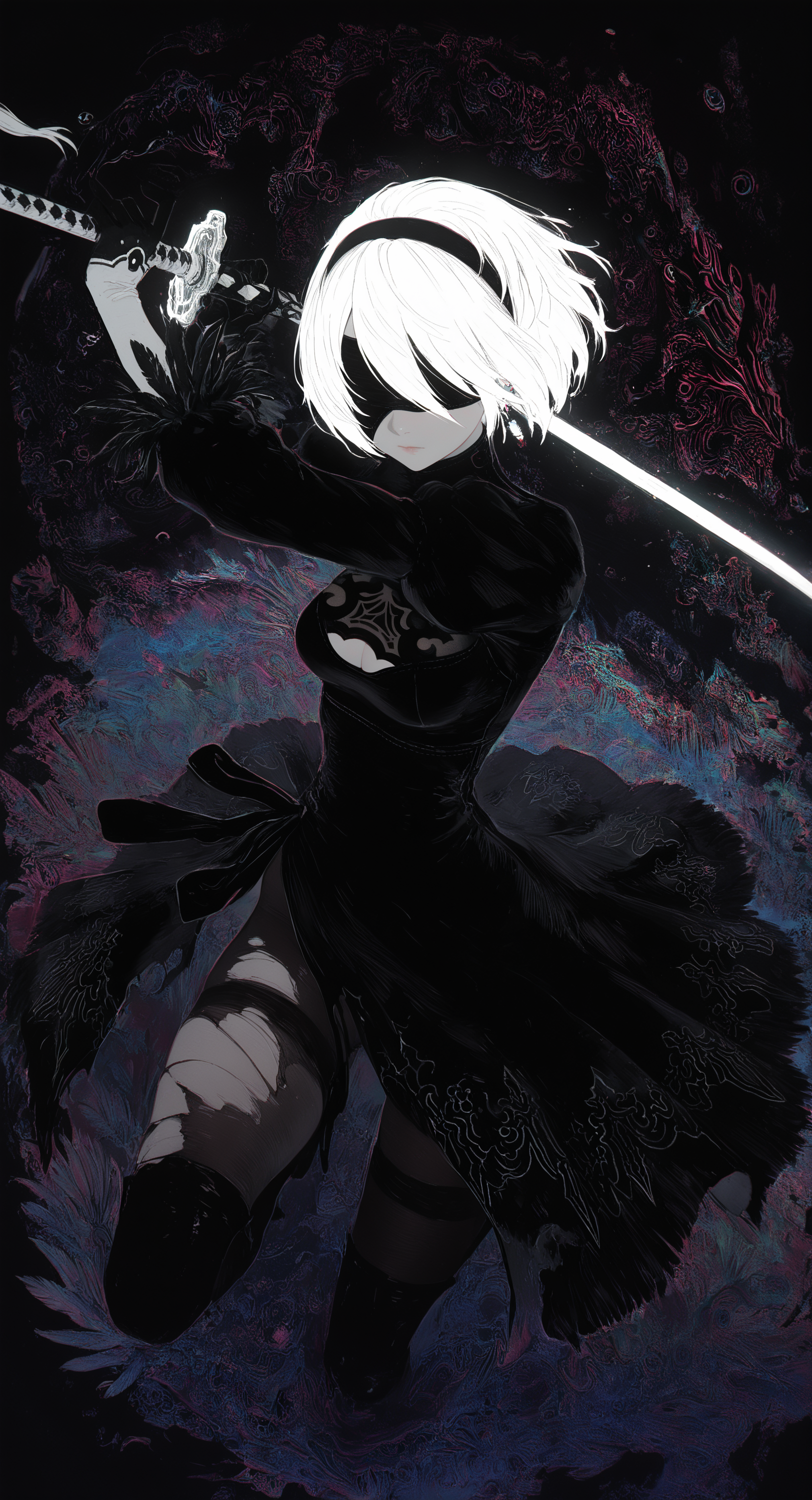 masterpiece, best quality, good quality, very awa, newest, highres, absurdres, 2b \(nier:automata\), 1girl, solo, breasts, short hair, long sleeves, gloves, dress, holding, closed mouth, medium breasts, white hair, weapon, pantyhose, earrings, black gloves, sword, holding weapon, black dress, black pantyhose, torn clothes, holding sword, katana, facing viewer, nose, blindfold, covered eyes, black blindfold, feather trim, feather-trimmed sleeves, limited palette, sketch, glowing, psychedelic, <lora:illustriousXL_stabilizer_v1.23:0.3> <lora:NOOB_vp1_detailer_by_volnovik_v1:0.3> <lora:ponyv6_noobE11_2_adamW-000017:0.3> <lora:114558v4df2fsdf5:0.7> <lora:XXX667:0.5> <lora:mon_monmon2133:0.6>