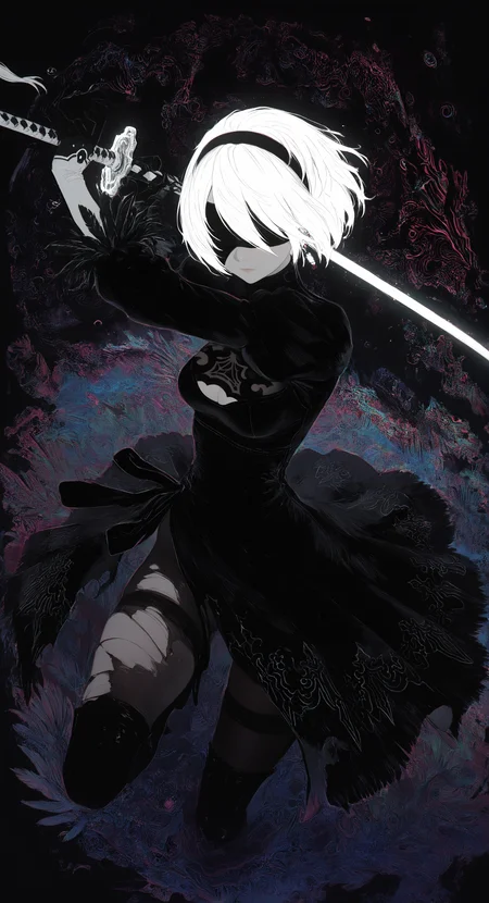 masterpiece, best quality, good quality, very awa, newest, highres, absurdres, 2b \(nier:automata\), 1girl, solo, breasts, short hair, long sleeves, gloves, dress, holding, closed mouth, medium breasts, white hair, weapon, pantyhose, earrings, black gloves, sword, holding weapon, black dress, black pantyhose, torn clothes, holding sword, katana, facing viewer, nose, blindfold, covered eyes, black blindfold, feather trim, feather-trimmed sleeves, limited palette, sketch, glowing, psychedelic, <lora:illustriousXL_stabilizer_v1.23:0.3> <lora:NOOB_vp1_detailer_by_volnovik_v1:0.3> <lora:ponyv6_noobE11_2_adamW-000017:0.3> <lora:114558v4df2fsdf5:0.7> <lora:XXX667:0.5> <lora:mon_monmon2133:0.6>