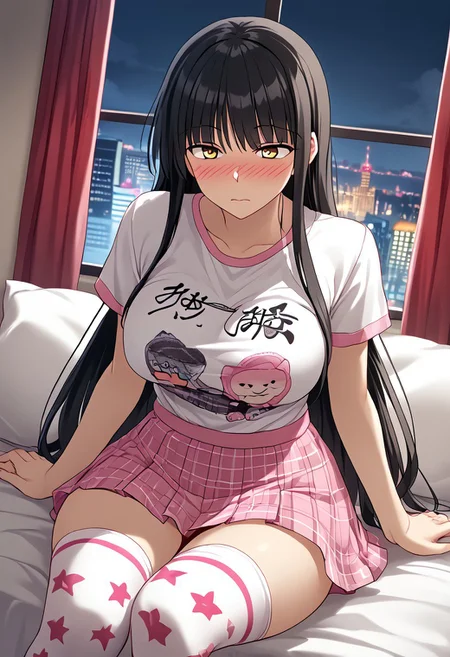 score_9,score_8_up,score_7_up,source_anime,5_figner,2d_animation,game cg,BREAK,1girl,solo,Kamiya Rin,black hair,long hair,brown eyes,yellow eyes,
jyojifuku,pastel color shirt, print shirt, pink skirt,print thighhighs,
short sleeve,zettai ryouiki,cosplay,pink sneakers,nsfw,Uncensored,tight clothes,
large breasts,front view,cowboy shot,embarrassing,full-face blush,looking away,
bad,pillow,room,window,pink curtain.book,deskr,black smoke,
city lights,Incandescent Light,red curtain.black smoke,sitting,
masterpiece,best qualit,ultra-detailed,illustration,an extremely delicate and beautiful,beautiful detailed eyes,unity 8k wallpaper,high resolution,anime CG,official_art,