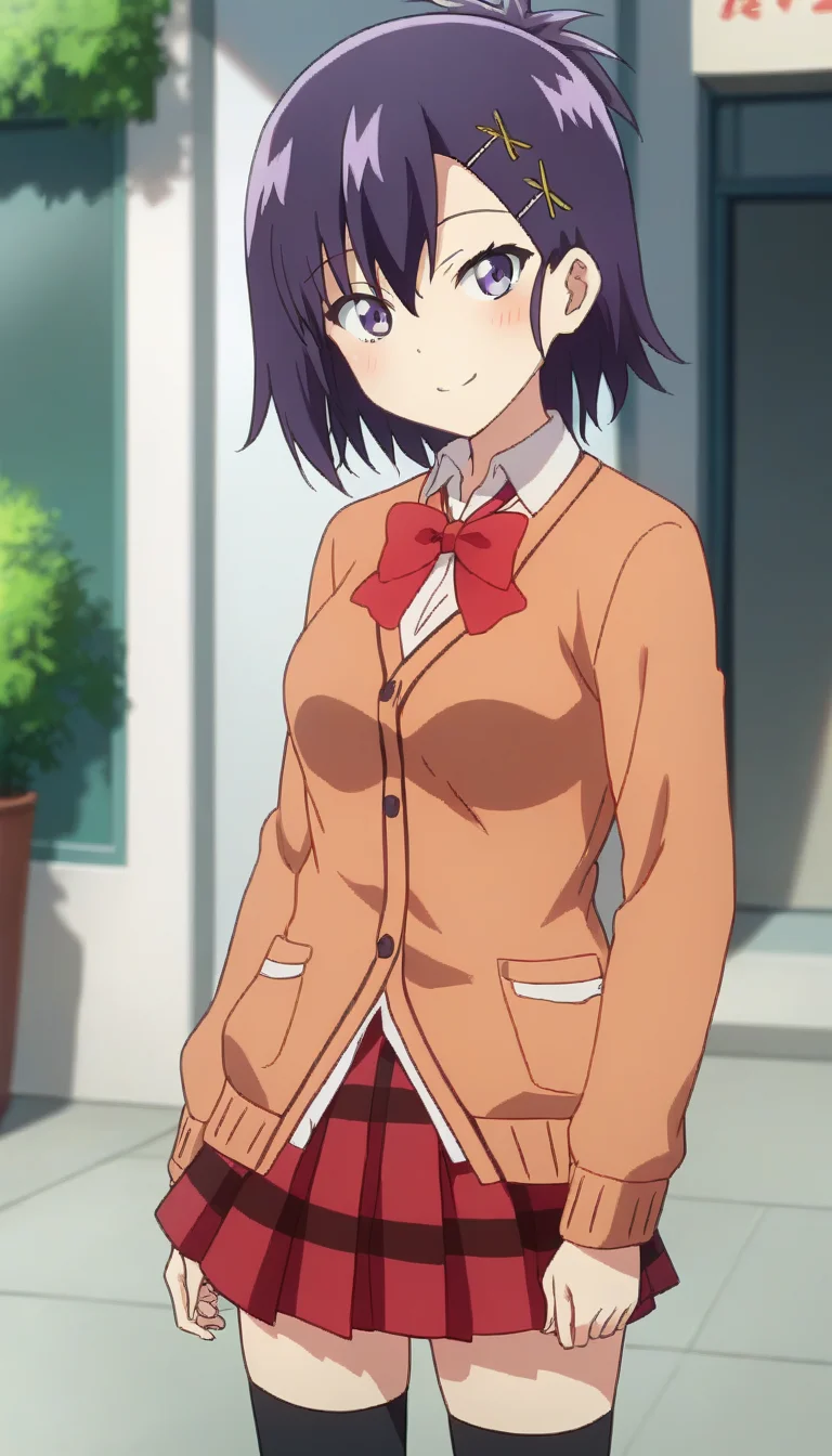 score_9,score_8_up,score_7_up,score_6_up BREAK official art,solo,outdoors,cowboy shot,looking at viewer,facing viewer,smile,blush,Vignette Tsukinose April,short hair,purple hair,topknot,x hair ornament,hairclip,hair between eyes,bangs,purple eyes,orange cardigan,red bowtie,collared shirt,white shirt,medium breasts,red skirt,plaid skirt,pleated skirt,black socks,uwabaki,<lora:Vignette Tsukinose April(gd)-Pony:1.4>,