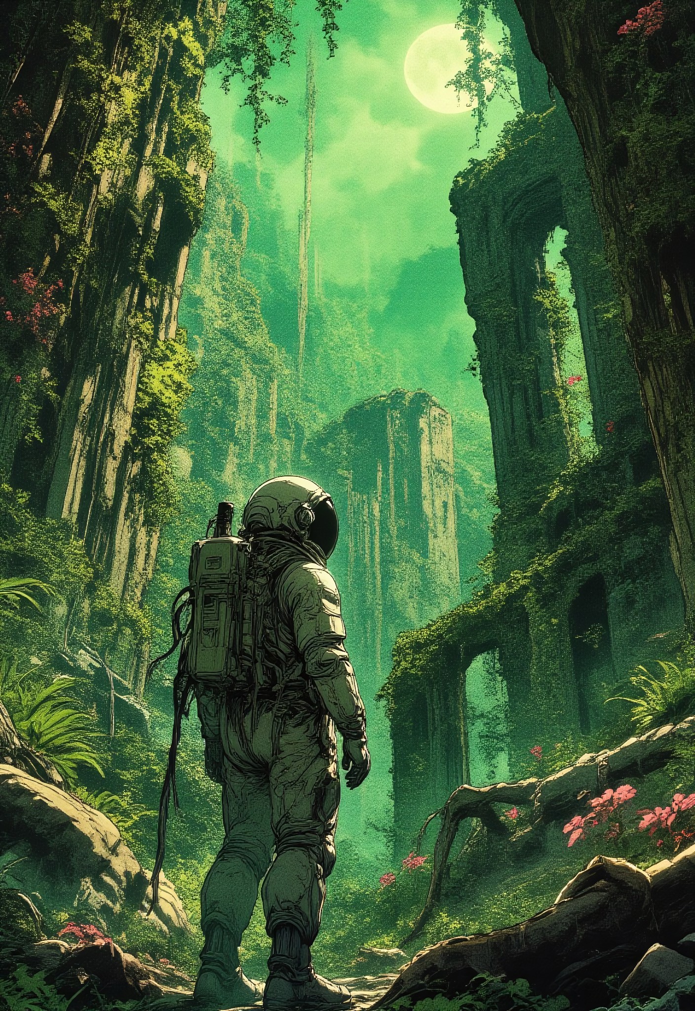 A lone astronaut in a detailed, retro-futuristic spacesuit explores an overgrown jungle on an alien planet. Ancient ruins covered in moss and vines emerge from the dense foliage. The atmosphere is mysterious, with a glowing full moon casting soft green light. The illustration is in a high-detail graphic novel style, with a mix of science fiction and biopunk aesthetics