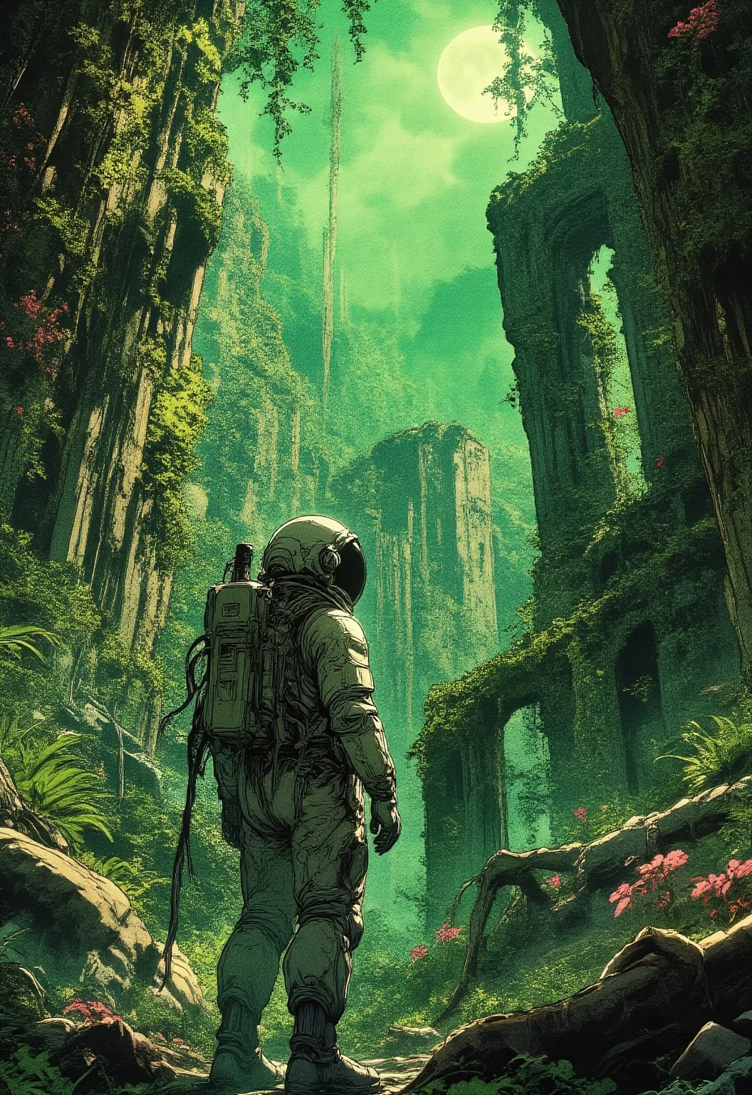 A lone astronaut in a detailed, retro-futuristic spacesuit explores an overgrown jungle on an alien planet. Ancient ruins covered in moss and vines emerge from the dense foliage. The atmosphere is mysterious, with a glowing full moon casting soft green light. The illustration is in a high-detail graphic novel style, with a mix of science fiction and biopunk aesthetics