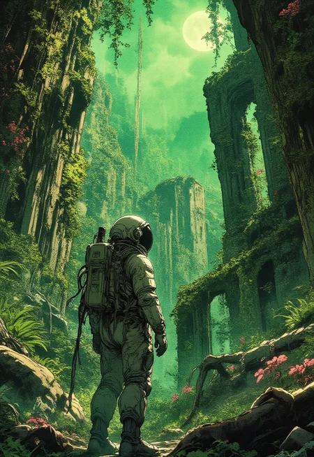 A lone astronaut in a detailed, retro-futuristic spacesuit explores an overgrown jungle on an alien planet. Ancient ruins covered in moss and vines emerge from the dense foliage. The atmosphere is mysterious, with a glowing full moon casting soft green light. The illustration is in a high-detail graphic novel style, with a mix of science fiction and biopunk aesthetics