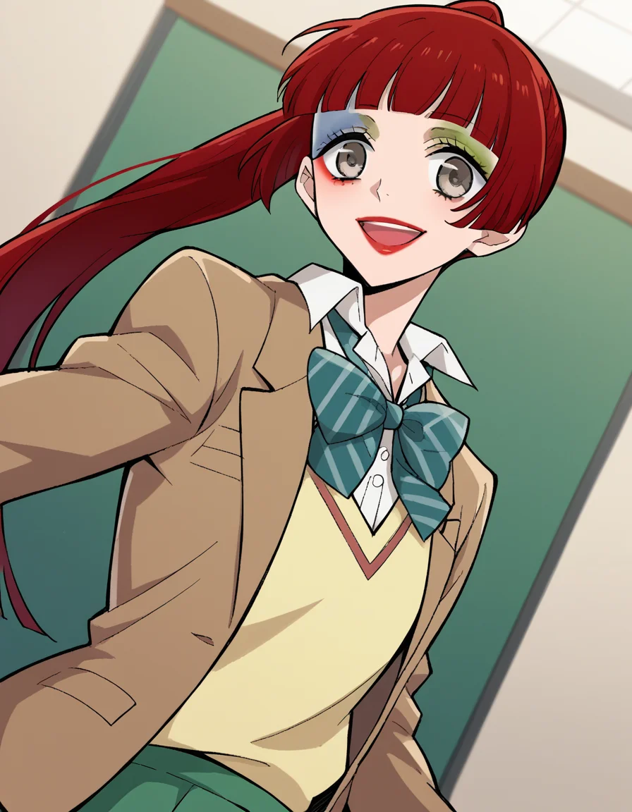 score_9, score_8_up, score_7_up, source_anime, <lora:n-arisugawa-oc-ponyxl-lora-nochekaiser:1>, n-arisugawa, long hair, red hair, bangs, blunt bangs, hime cut, grey eyes,, ponytail, makeup, lipstick, skirt, long sleeves, school uniform, jacket, miniskirt, green skirt, blazer, brown blazer, sweater vest, yellow sweater vest, bowtie, green bowtie, striped bowtie, collared shirt,, indoors, smile, looking at viewer, solo,, cowboy shot, dutch angle