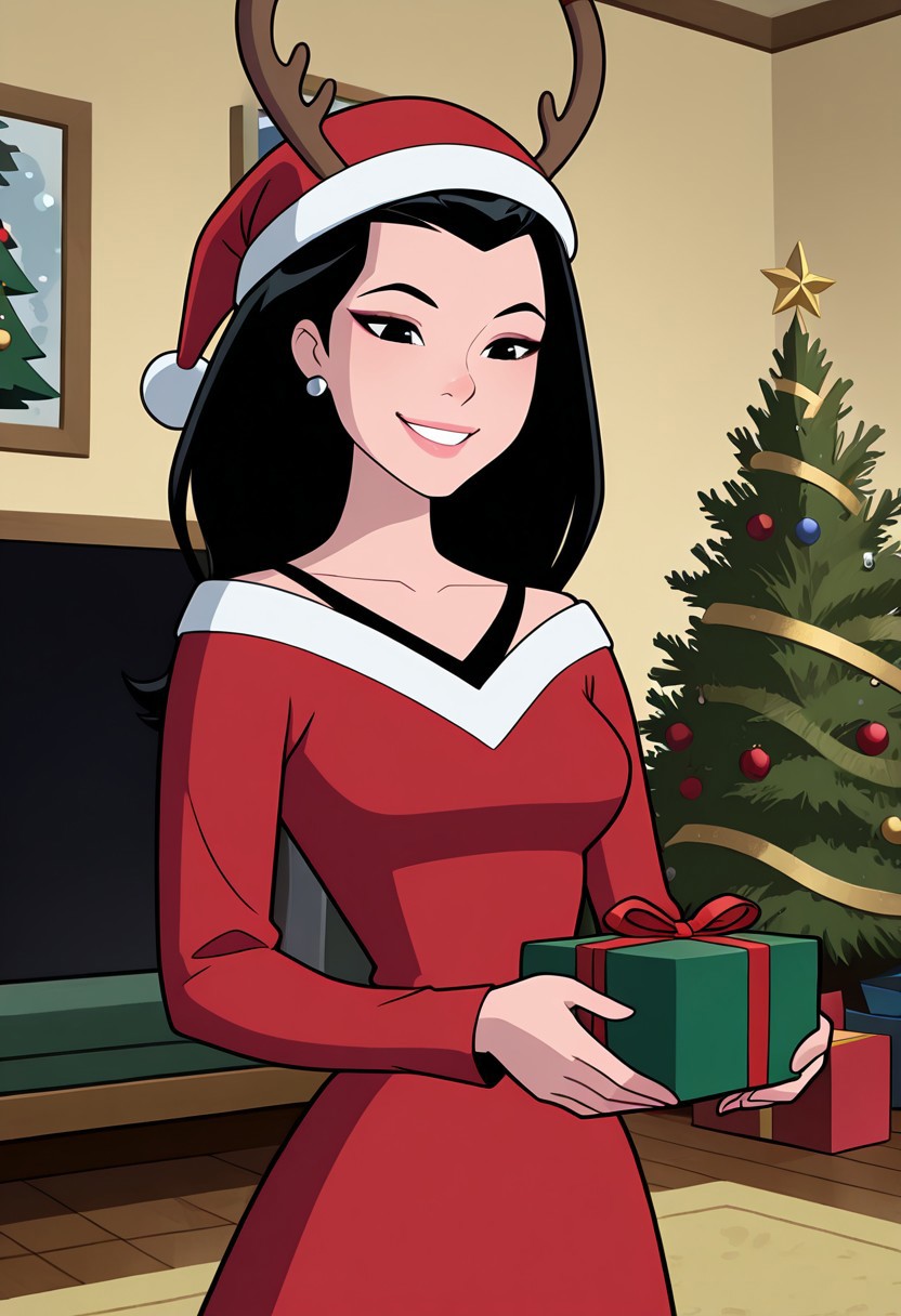 masterpiece, best quality, amazing quality, very aesthetic, absurdres, newest,, detailed background, ((parody,  cartoon, screencap))
elenaten, 1girl, black hair, black eyes, long hair, lips,earrings, makeup, v-neck , black dress, long sleeves
red dress, santa hat, reindeer horns, red nose, holding gift, off shoulder, chritmas living room, christmas tree, smile, teeth,