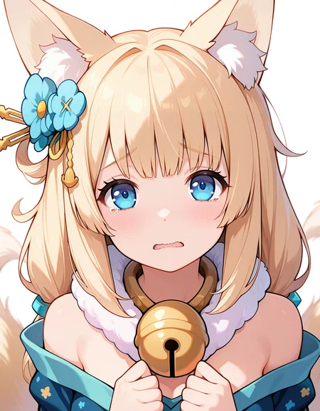 <lora:AzlaNiizuki_SDXL_Illustrious01_fp16_ver01:1>,AzlaNiizuki, 1girl, animal ears,bangs, blonde hair,  multiple tails, hair ornament, bell, blue eyes, kimono, fur collar,bare shoulders,sad,closed mouth, looking at viewer,tears from one eye,wavy mouth, open mouth,, masterpiece, best quality, very aesthetic, absurdres,<lora:detailed_hands:1>,hand