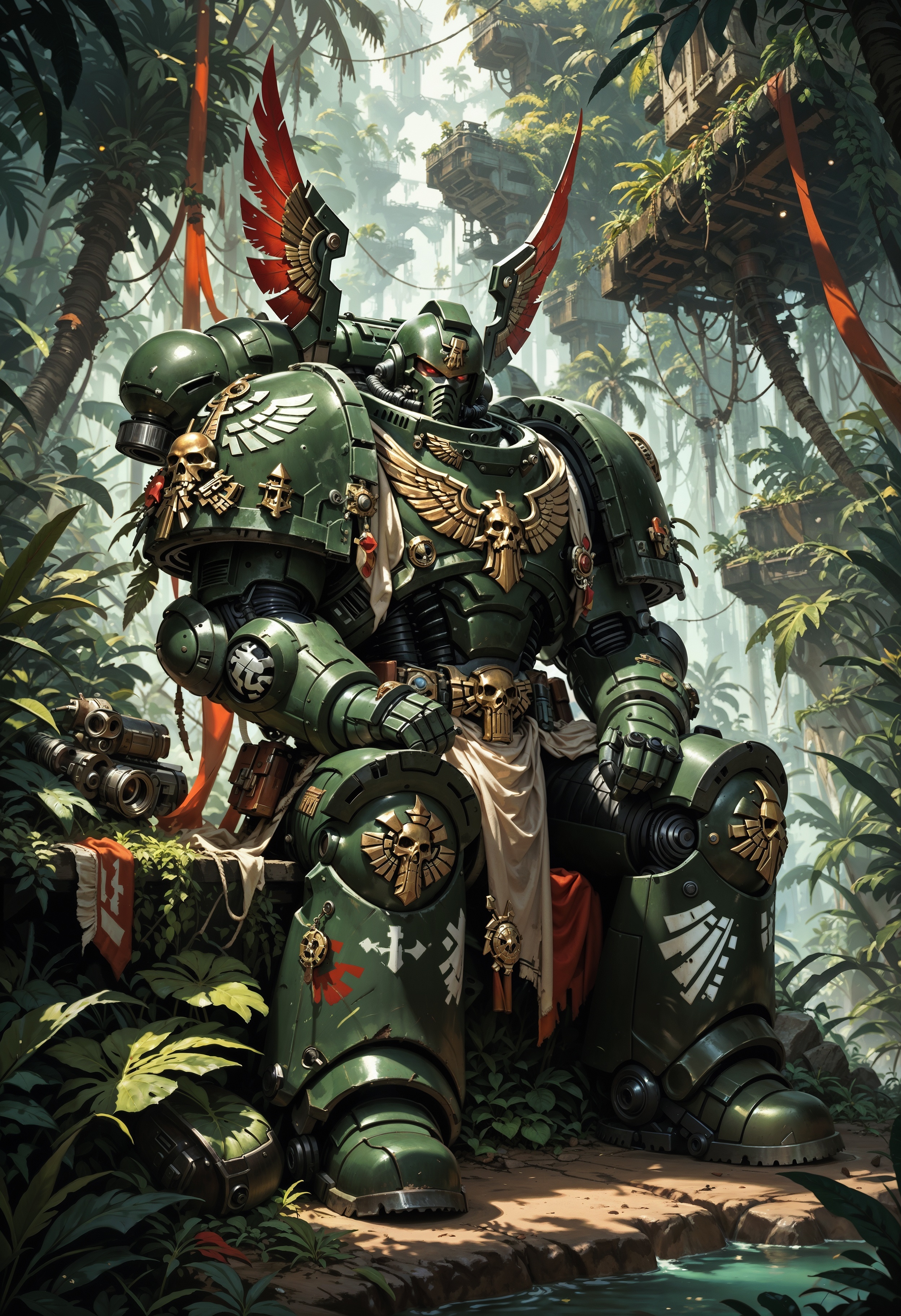 (score_9, score_8_up), score_7_up,  <lora:PonyDarkA40k:0.8> DarkA40k, solo, wearing dark green power armor, helmet, sitting in a jungle, dim lights