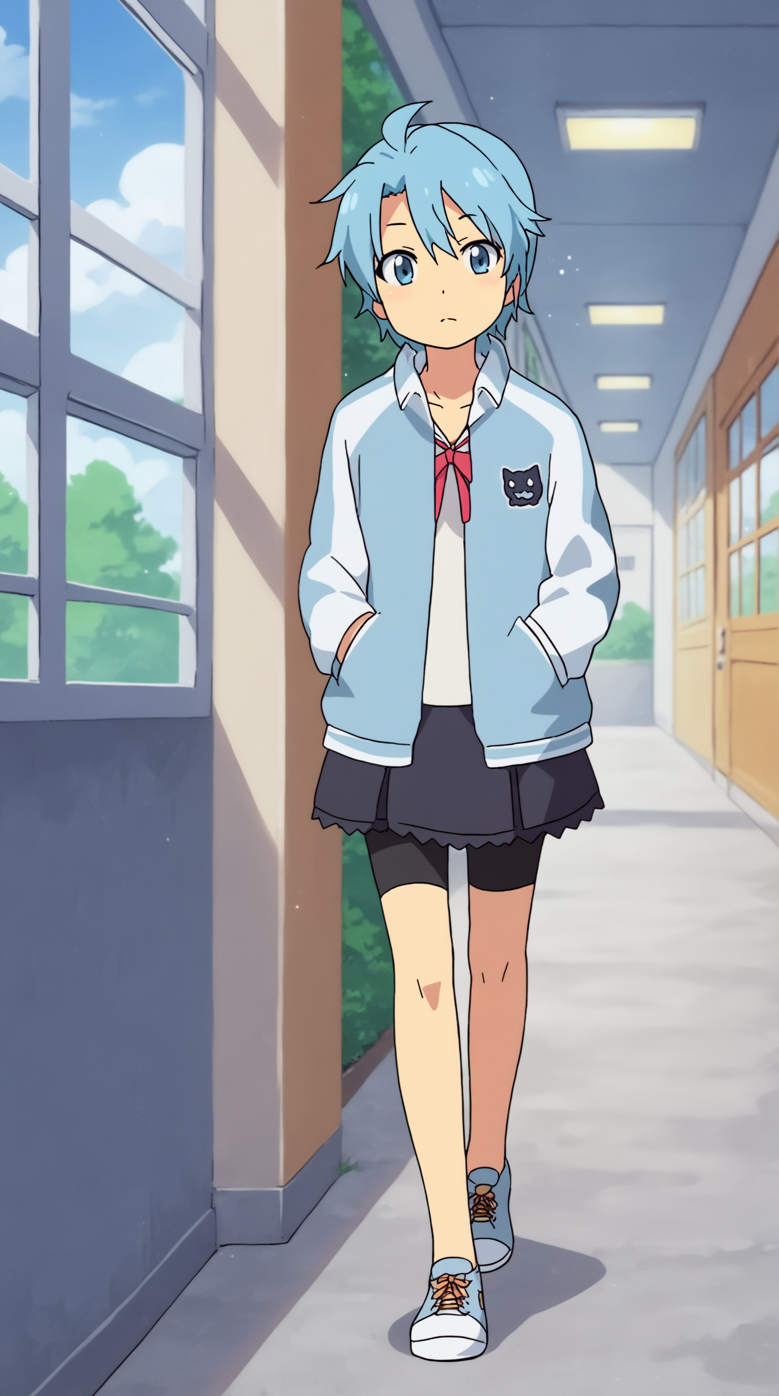 score_9, score_8_up, score_7_up,anime_source, source_anime, best   Aoi Pleiades, Main Outfit, solo, window, casual, hands in pockets, walking, corridor, school,   <lora:JN_Aoi_Pleiades_Pony:0.8>