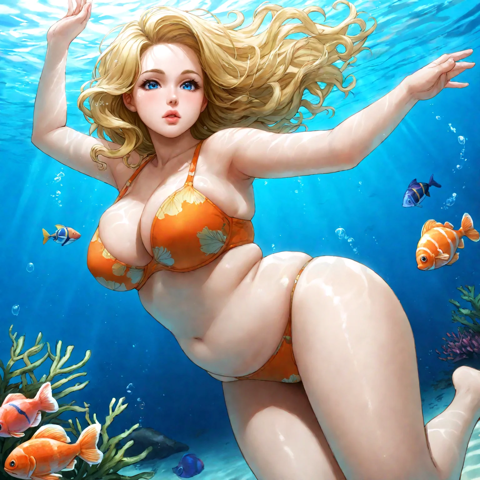 solo,navel,(diving,:1.2)partially underwater shot,oxygen,tropical fish,, 1 female, long wavy blonde hair, blue eyes,, lips, breasts, curvy, a little plump,