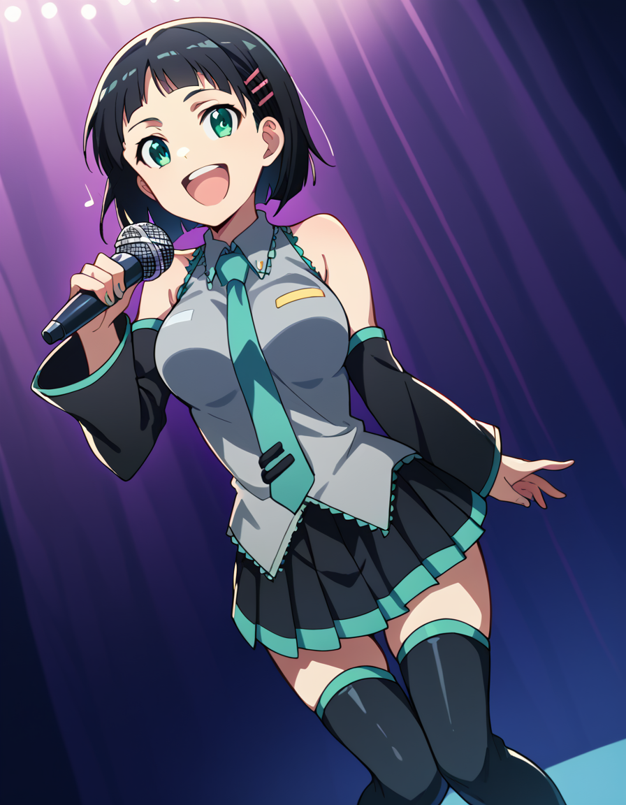 score_9, score_8_up, score_7_up, source_anime, suguhakirigaya, <lora:suguha-kirigaya-s1-ponyxl-lora-nochekaiser:1>, suguha kirigaya, short hair, black hair, hair ornament, hairclip, green eyes, large breasts,, <lora:hatsune-miku-cosplay-ponyxl-lora-nochekaiser:1>, hatsunemikucosplay, hatsune miku \(cosplay\), aqua necktie, black footwear, black skirt, black sleeves, boots, collared shirt, detached sleeves, grey shirt, necktie, pleated skirt, shirt, skirt, sleeveless, sleeveless shirt, thigh boots, tie clip,, stage, stage lightings, singing, microphone, holding microphone, open mouth, smile,, cowboy shot, dutch angle,