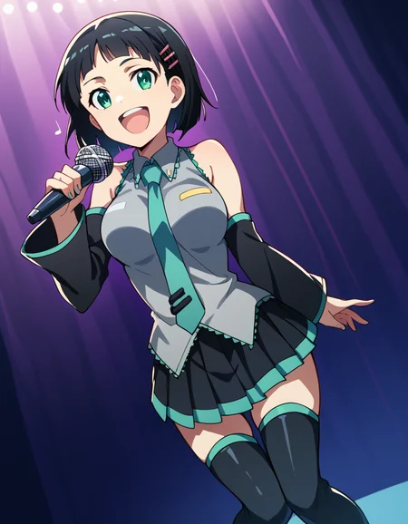score_9, score_8_up, score_7_up, source_anime, suguhakirigaya, <lora:suguha-kirigaya-s1-ponyxl-lora-nochekaiser:1>, suguha kirigaya, short hair, black hair, hair ornament, hairclip, green eyes, large breasts,, <lora:hatsune-miku-cosplay-ponyxl-lora-nochekaiser:1>, hatsunemikucosplay, hatsune miku \(cosplay\), aqua necktie, black footwear, black skirt, black sleeves, boots, collared shirt, detached sleeves, grey shirt, necktie, pleated skirt, shirt, skirt, sleeveless, sleeveless shirt, thigh boots, tie clip,, stage, stage lightings, singing, microphone, holding microphone, open mouth, smile,, cowboy shot, dutch angle,