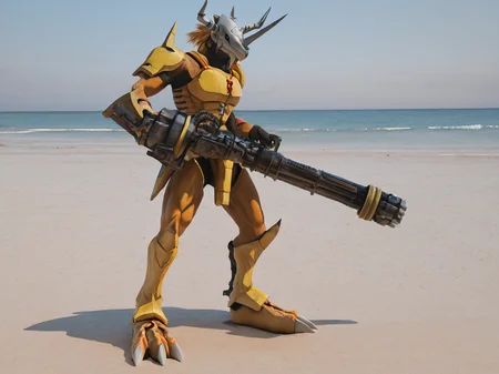 sfw, masterpiece, best quality,absurderes,photo,realistic,cinematic,source_photo,DLSR,full body,1boy,wargreymon,digimon \(creature\),yellow armor,orange scales,helmet,horns, holding minigun,outdoors,beach,<lora:Reallustrious_Beta:1>