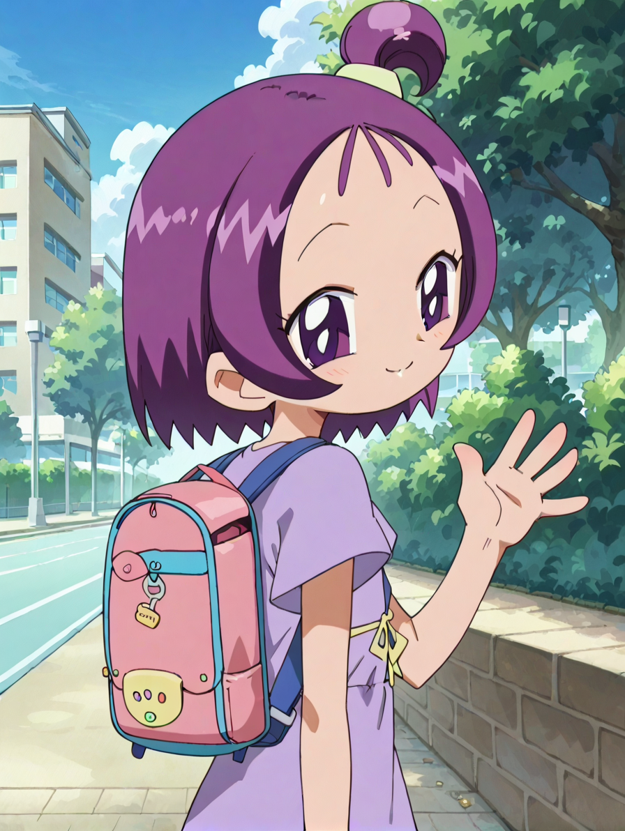 score_9, score_8_up, score_7_up, score_6_up, score_5_up, score_4_up,source_anime,anime screencap,1girl,flat chested,glistening body,shiny_skin,dewy skin,BREAK
 <lora:onpuchan_v3:0.9> onpusegawa, short hair, purple hair, one side up, purple eyes, hair ornament, shirt, dress,smile,looking back,rear view,park,backpack,waving,