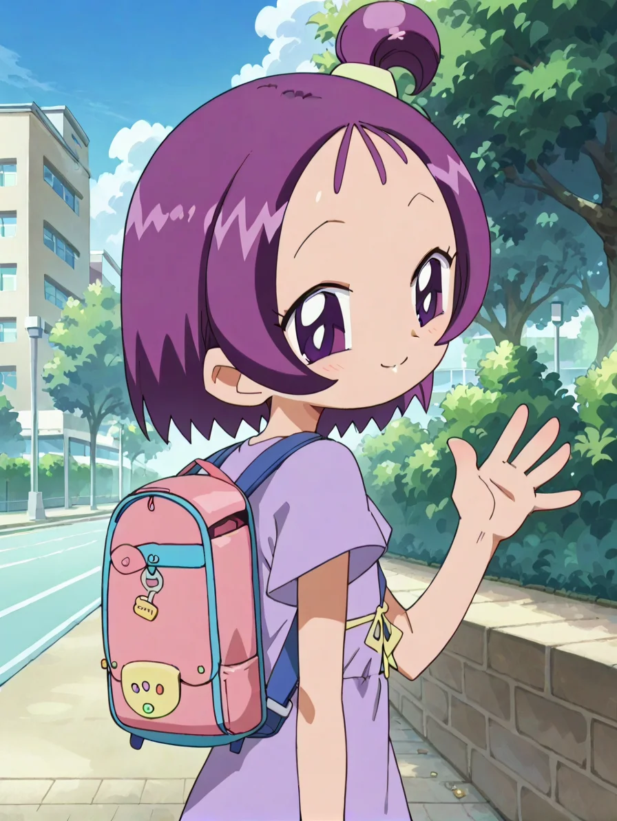 score_9, score_8_up, score_7_up, score_6_up, score_5_up, score_4_up,source_anime,anime screencap,1girl,flat chested,glistening body,shiny_skin,dewy skin,BREAK
 <lora:onpuchan_v3:0.9> onpusegawa, short hair, purple hair, one side up, purple eyes, hair ornament, shirt, dress,smile,looking back,rear view,park,backpack,waving,