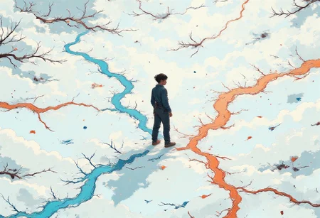 A surreal aerial perspective captures a vast, otherworldly landscape dominated by endless white voids and vivid, flowing colors. The white plains stretch infinitely, smooth and untouched, interrupted by rivers of molten gold, swirling pools of electric turquoise, and deep crimson veins that pulse like lifeblood across the surface. The vibrant hues contrast sharply against the stark emptiness, as if the colors are alive, spilling across the plains with a purpose beyond understanding.
In the center of the image, a half-body silhouette of an animal emerges from the void, its form sharp and shadowy. The creature—perhaps a deer, wolf, or abstract hybrid—stands upright, half-submerged in the bright expanse, its fur or scales reflecting faint glimmers of the colors around it. Its head tilts slightly upward, its expression enigmatic, as though it senses something unseen in the pale, endless sky.
The animal’s form is defined yet unfinished, its lower half dissolving into the white plain, merging with the void. Around it, the surface ripples subtly, creating an almost liquid quality to the snow-like emptiness. The faint shadows of its upper body stretch long and sharp across the ground, disappearing into the vivid pools of color nearby.
Above, the sky mirrors the land, a pale and luminous void with faint streaks of iridescent color, blurring the horizon.
