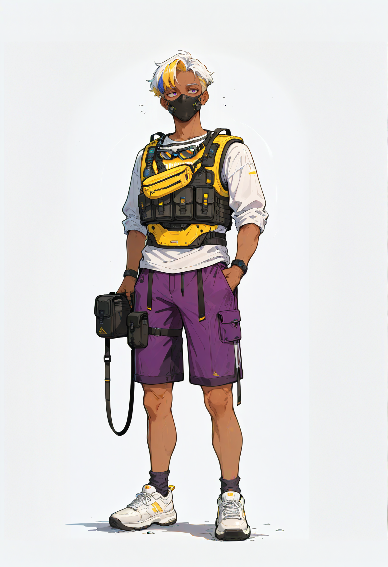 <lora:HeavyTechILXL:1> h3avyt3ch,
1boy, solo, male focus, shoes, hand in pocket, shorts, white background, purple shorts, sneakers, multicolored hair, full body, streaked hair, vest, shirt, blonde hair, goggles, mask, simple background, white shirt, standing, white hair, dark skin, short hair, fanny pack, white footwear, holding, mouth mask, masterpiece, best quality, amazing quality, intricate detail, highly detailed, absurdres, very aesthetic, dynamic lighting, detailed background, scenery, (volumetric lighting)