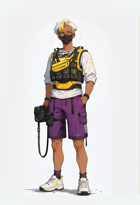 <lora:HeavyTechILXL:1> h3avyt3ch,
1boy, solo, male focus, shoes, hand in pocket, shorts, white background, purple shorts, sneakers, multicolored hair, full body, streaked hair, vest, shirt, blonde hair, goggles, mask, simple background, white shirt, standing, white hair, dark skin, short hair, fanny pack, white footwear, holding, mouth mask, masterpiece, best quality, amazing quality, intricate detail, highly detailed, absurdres, very aesthetic, dynamic lighting, detailed background, scenery, (volumetric lighting)