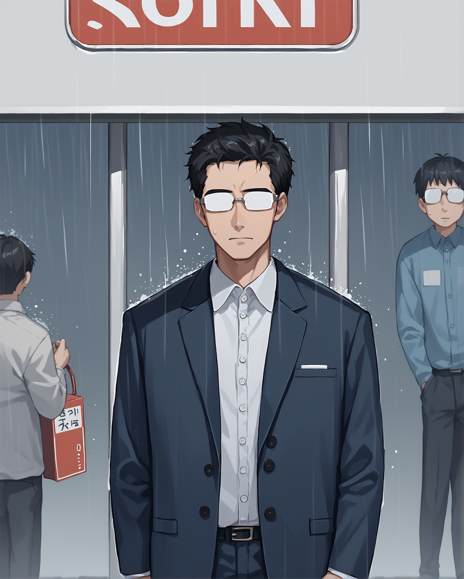 score_9, score_8_up, score_7_up, source_anime BREAK 1boy, businessman's haircut, polo shirt, opaque glasses standing, middle aged male, black hair, bus stop, street, raining, <lora:Opaque_glasses_r1:1>, rating_questionable