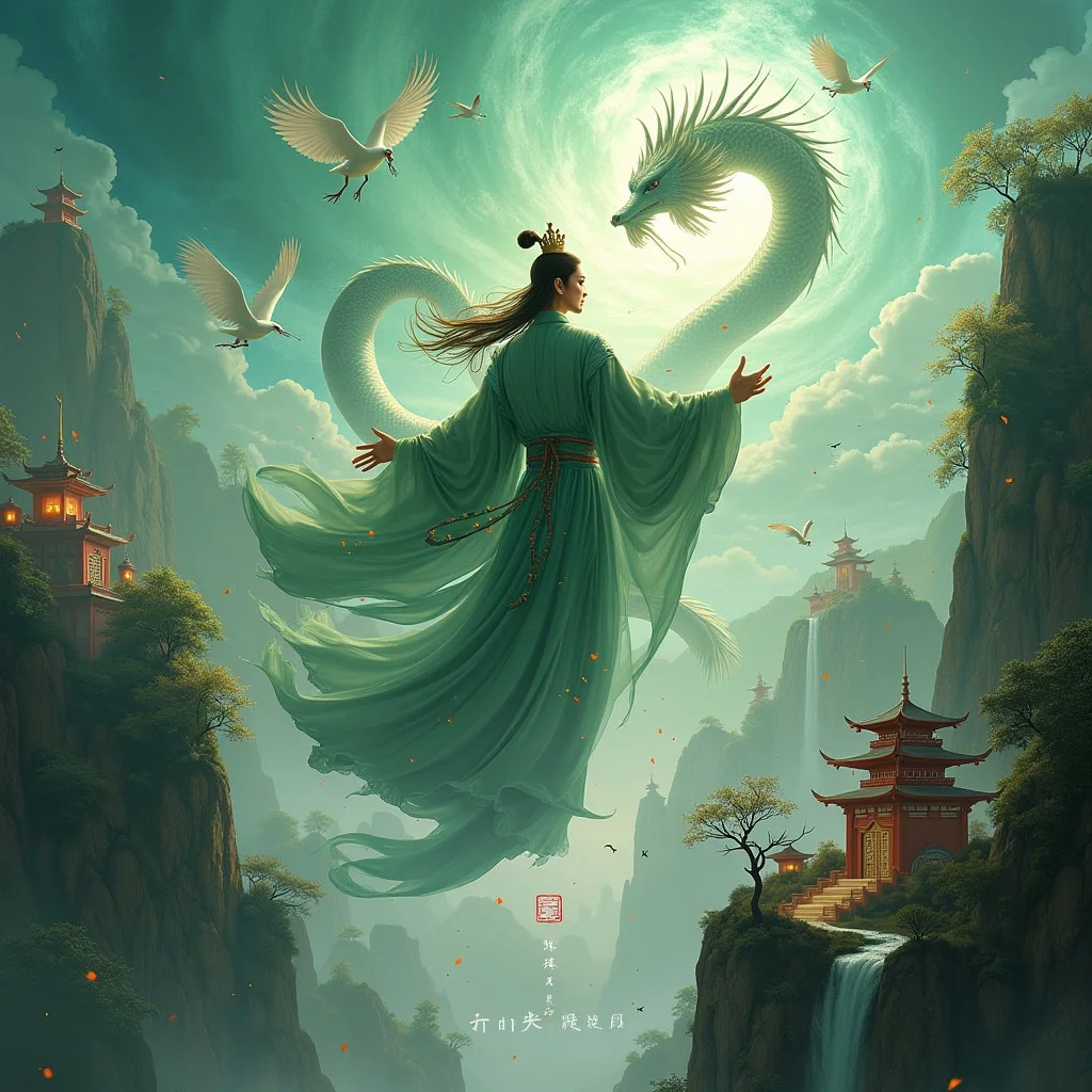 Yu Huang, the Jade Emperor, floats serenely above Mount Kunlun, his flowing silk robes rippling with celestial winds. His crown glows with jade-green light, and his beard swirls like a river of clouds. Ethereal dragons coil around his sleeves, exhaling gusts that scatter peach blossoms across Taoist temples below. The mountain peaks are shrouded in mist, with arched bridges leading to floating palaces adorned with wind chimes. Scholars in hanfu robes and cranes bow as he passes, while scrolls of divine law unravel in the tempest. Waterfalls cascade upward, defying gravity in the whirlwind.. Detailed hand, Hand, Perfect hand