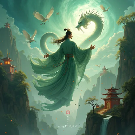 Yu Huang, the Jade Emperor, floats serenely above Mount Kunlun, his flowing silk robes rippling with celestial winds. His crown glows with jade-green light, and his beard swirls like a river of clouds. Ethereal dragons coil around his sleeves, exhaling gusts that scatter peach blossoms across Taoist temples below. The mountain peaks are shrouded in mist, with arched bridges leading to floating palaces adorned with wind chimes. Scholars in hanfu robes and cranes bow as he passes, while scrolls of divine law unravel in the tempest. Waterfalls cascade upward, defying gravity in the whirlwind.. Detailed hand, Hand, Perfect hand