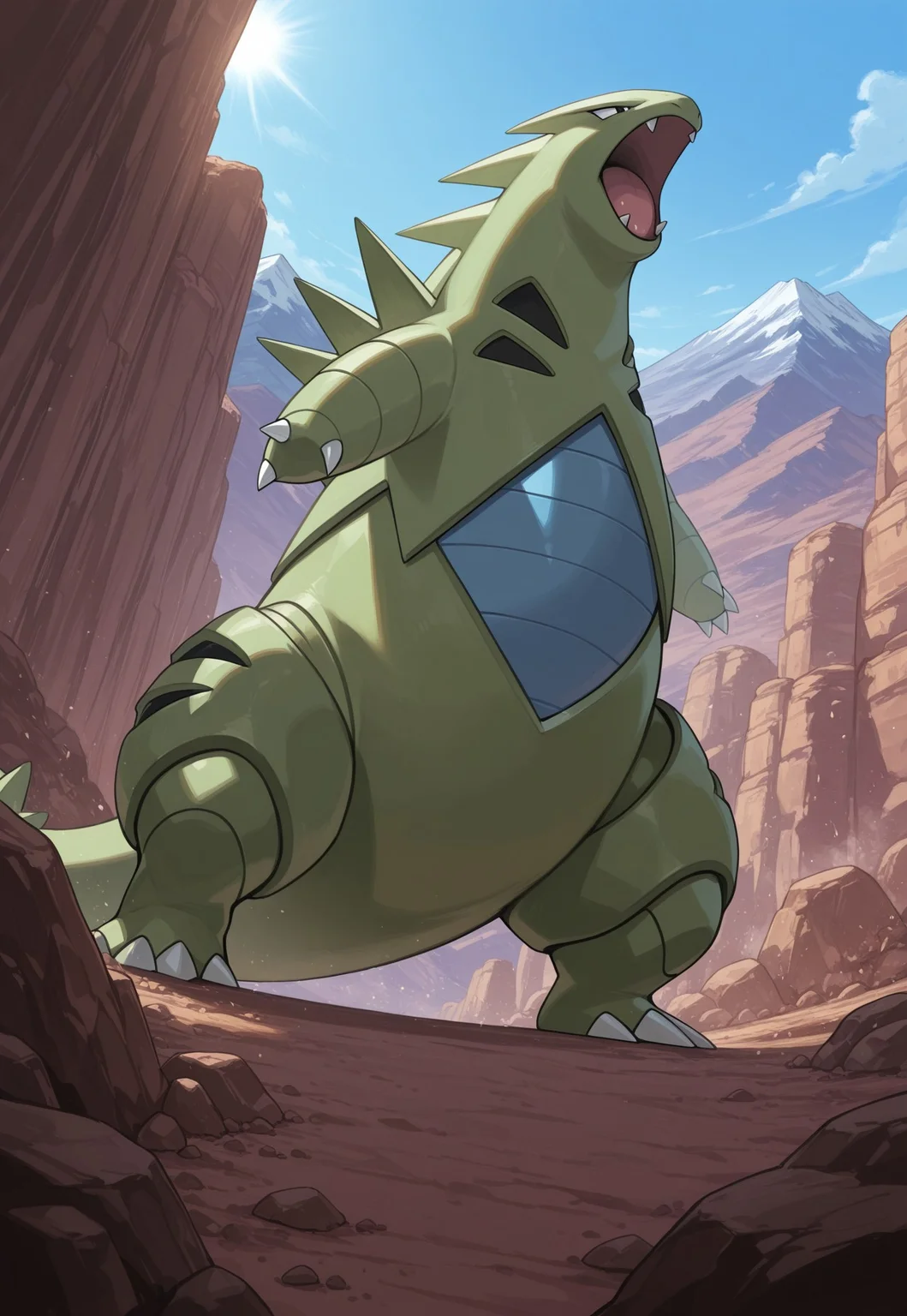 score_9, score_8_up, score_7_up, masterpiece, best quality, very aesthetic, absurdres, amazing quality, high resolution, ultra-detailed, volumetric lighting, newest, scenery, perspective, mountain, rocks, day, PKMN_Tyranitar, 1other, solo, pokemon focus, black eyes, green skin, blue belly, roaring, fangs,