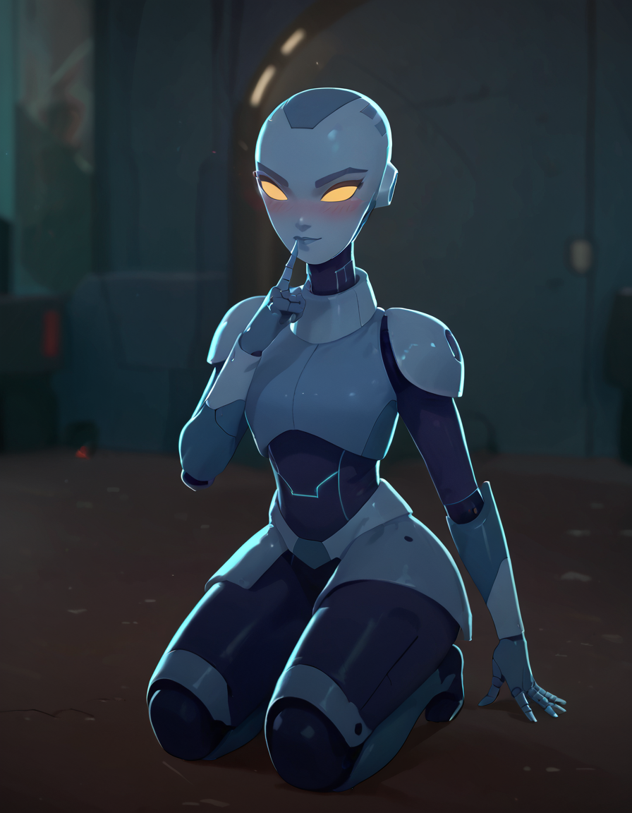 score_9, score_8_up, score_7_up, C-LA, robot, kneeling, finger to own lips, smirk, blush