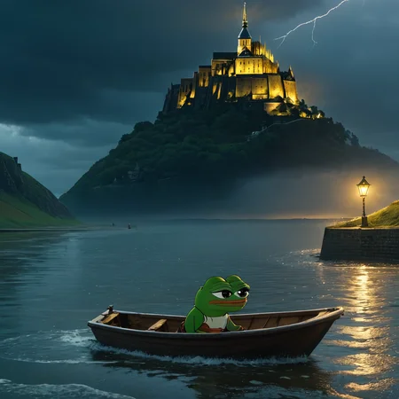 (masterpiece), high detail, absurdres, chibi, (pepe_frog:1.1), very funny, fishing in a boat, france, mont_saint_michel, stormy weather, (RAW, 8k, uhd),masterpiece.<lora:pepe_frog SDXL:1.2>