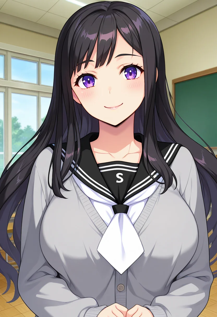 masterpiece, best quality, amazing quality, absurdres, 1girl, solo, (portrait:1.2), yurikoww, mature female, purple eyes, black hair, long hair, large breasts, school uniform, black serafuku, black sailor collar, white neckerchief, grey cardigan, looking at viewer, smile, indoors, day, skindentation, detailed clothing folds, depth of field, sharp, high contrast, dynamic light <lora:Ootori_Yuriko_Saaya_Shinsou_Noise_ill:0.8>