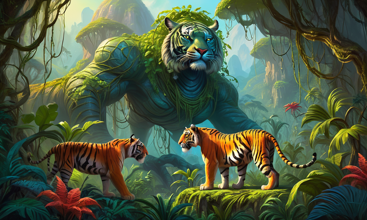 Impressionist painting a lush alien jungle with vines and trees, in the background a large stony mountain, alien tigers, fruiting trees, epic, fantasy, 4k <lora:add-detail-xl:1>, ethereal, timeless, deviantart . Loose brushwork, vibrant color, light and shadow play, captures feeling over form