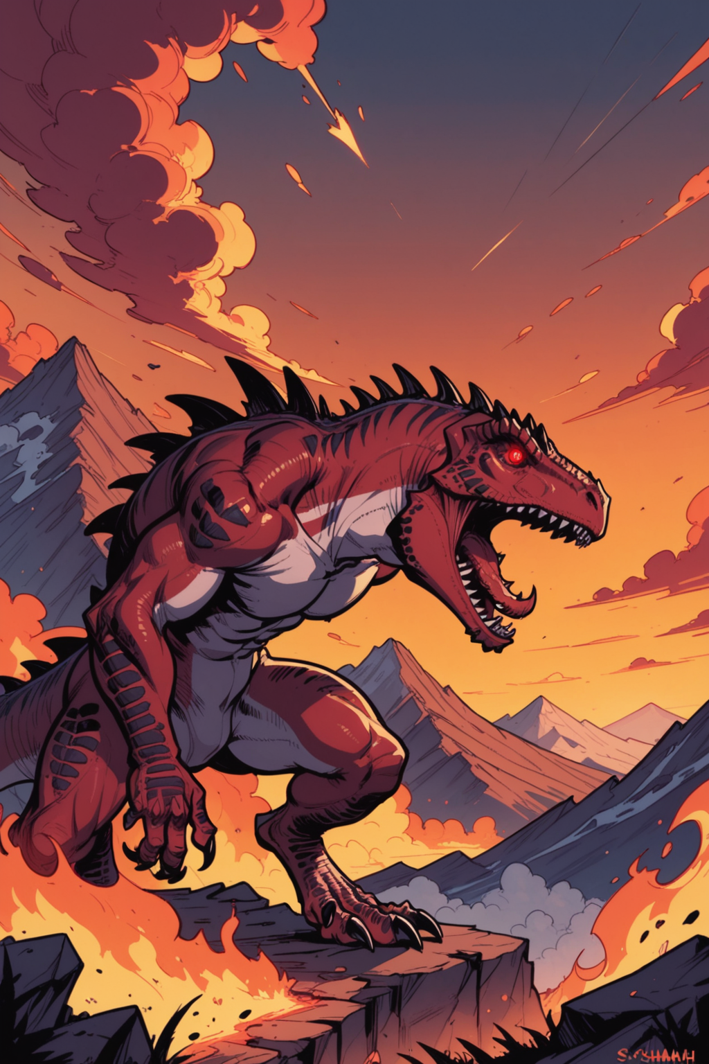 no humans, outdoors, sky, nature, open mouth, cloud, tree, forest, fire, teeth, claws, mountain, sharp teeth, red eyes, dinosaur, monster, kaijuu, rock, glowing, tail, cloudy sky, red sky, glowing eyes, standing, scenery, scales, solo, volcano, animal, sunset, giant, <lora:Expressive_H:0.5>, score_9, score_8_up, score_8_up, a_Comic_Illustration, rough lines with ink, (drawn:1.1), (sketch:1.5), (crosshatching:1.25), (comic style:1.1), graphic novel style, sharp lines, hires, zstyle, (western comics \(style\):1.1), (hatching \(texture\):1.2), zPDXL, Mr_Monster_Possitive