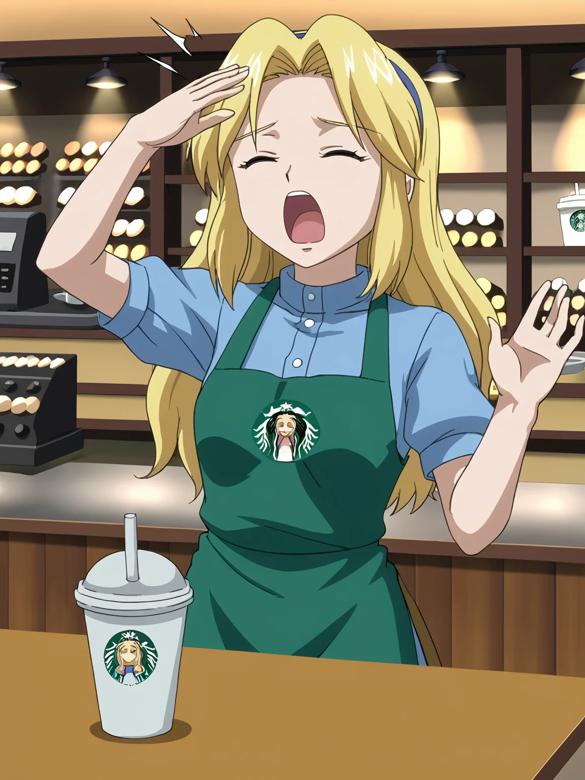 <lora:Maria Robotnik (SxSG):0.9> sxsgdbmaria, blonde hair, source_anime, yawn, starbucks