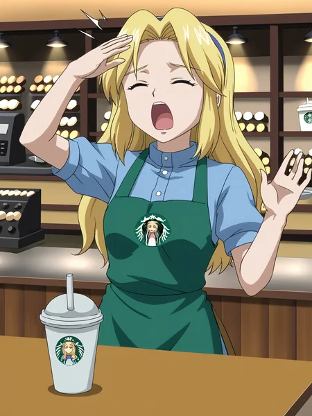 <lora:Maria Robotnik (SxSG):0.9> sxsgdbmaria, blonde hair, source_anime, yawn, starbucks