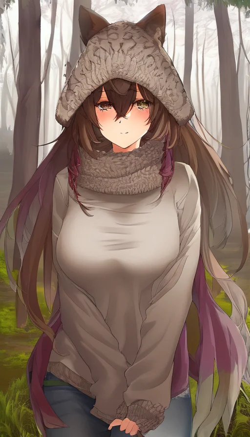 1girl, sweater, forest, walking, upper body, by suruga