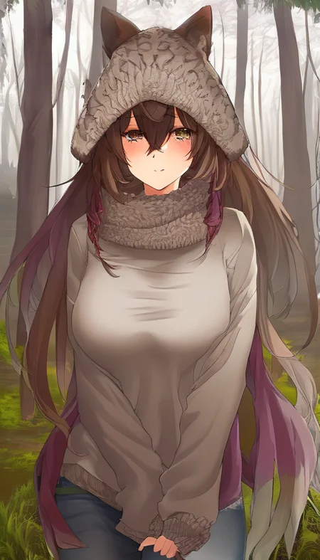 1girl, sweater, forest, walking, upper body, by suruga