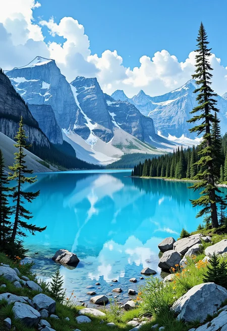 A breathtaking illustration of a clear blue lake encircled by majestic mountains. The water is crystal-clear, mirroring the rugged, snow-capped peaks and the expansive blue sky. Lush green forests hug the mountain bases, adding depth and vibrancy. Wildflowers and rocks dot the lake's edge, enhancing the realism. The sunlight casts gentle highlights on the textures of the landscape, creating a serene, tranquil atmosphere. The scene exudes natural beauty and grandeur, inviting awe and calm.