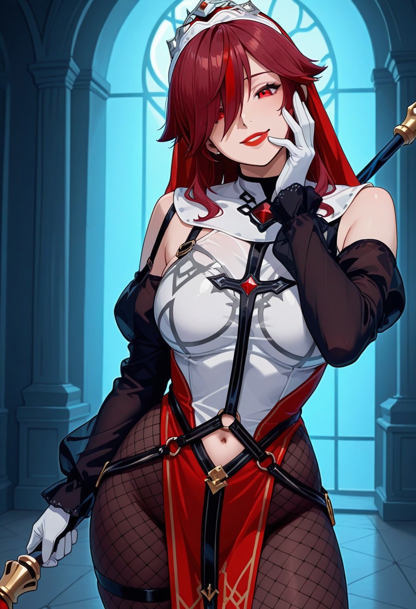 score_9,score_8_up,score_7_up,  detailed anime, screencap. source anime, masterpiece, detailed photo, perfect body, perfect face,pureerosface_v1. 
BREAK
RosariaRegular, 1girl, solo, red hair, long hair, streaked hair, hair over one eye, red eyes, large breasts, red lips, lipstick, navel, wide hips, curvy, 
BREAK
white elbow gloves, fishnet pantyhose, holding spear polearm, holding weapon, bare shoulders, nun habit, jewelry, ruby on chest, silver lines on dress, red and black pelvic curtain, golden lines on pelvic curtain, white dress, two-tone dress, detached sleeves, veil, multicolored headwear tiara, high heel boots,
BREAK
cowboy shot, standing, hand on cheek, head tilt, evil grin, evil smile, evil eyes, front view, looking at viewer, fantasy town, night, detailed background,