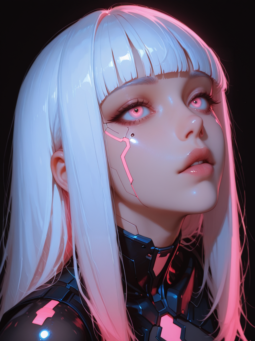 masterpiece, best_quality, amazing quality, newest,
semi-realistic.
1woman, 27yo.
white hair, blunt bangs.
wearing cyberpunk-stayle fashion.
simple background, beam light, reflection. 
clear color grading, blue and pink neon theme.
form front, dynamic angle, face focus.
<lora:Style-Hyper-SDXL-12steps-CFG-lora:0.>
<lora:add_brightness_XL:-0.>
<lora:add_contrast_XL:-0.>
<lora:add_outline_XL:-0.1>
<lora:add_saturation_XL:0.>
 detailxl 
 <lora:AI_Illustration_Wet_Skin_Style:0.4> <lora:MoriiMee_Gothic_Niji_Style_Illustrious_r1:0.7> artist:moriimee <lora:Sinozick_Style_XL_Pony:0.2> sinozick style, flat color, dark theme