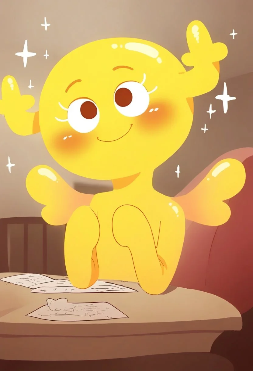 BREAK score_9, score_8_up, score_7_up, source_cartoon, 1girl, solo, pennyshellless, yellow skin, brown eyes, two horns, two wings, no fingers, tall girl, smile, sparkle in the eyes, tender smile, cute, blush, hotel, room, interior,