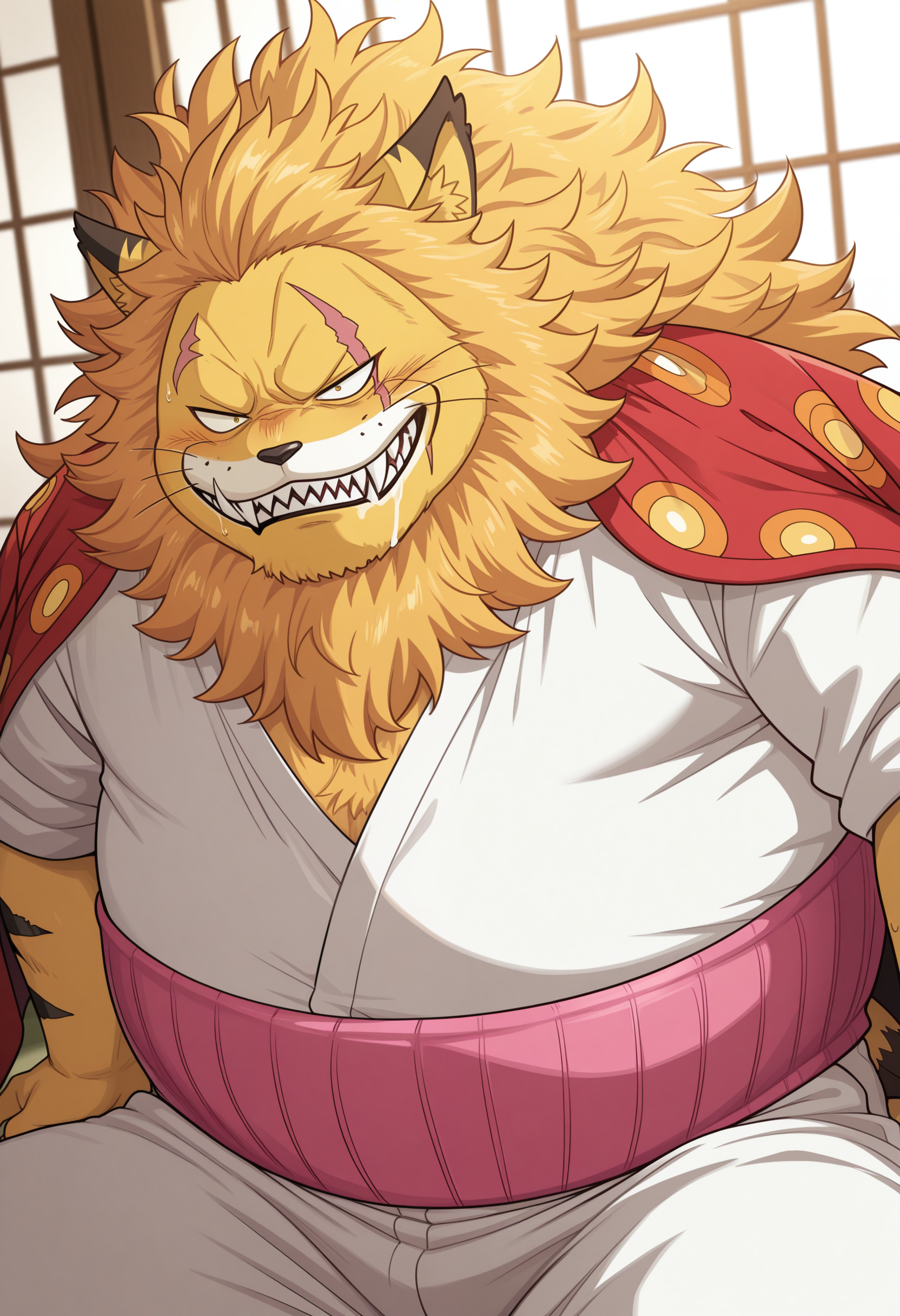 masterpiece, best quality, amazing quality, solo, 1boy, NekomamushiOP, white shirt, white pants, pink waistband, kimono over shoulders, 