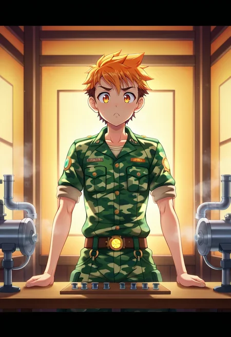 masterpiece, best quality, , anime screencap, anime coloring, official style, , , 1boy, solo, male focus, <lora:hiro_akiba_ilxl:1>, hiro_akiba, orange hair, orange eyes, short hair, uniform, steampunk lab, brass machines, steam pipes, work tables, experimenting pose, concentrated expression, warm lighting, Polka dot Chenille Harem pants, Camouflage shirt, Espadrilles, , and