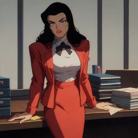 safe_pos, score_9, score_8_up, score_7_up, solo, 1girl, lipstick, black hair, long hair, brown eyes, no pupils, suit, red jacket, white shirt, red pencil skirt, black bowtie, formal, looking at viewer, breast, Candice (dc), office