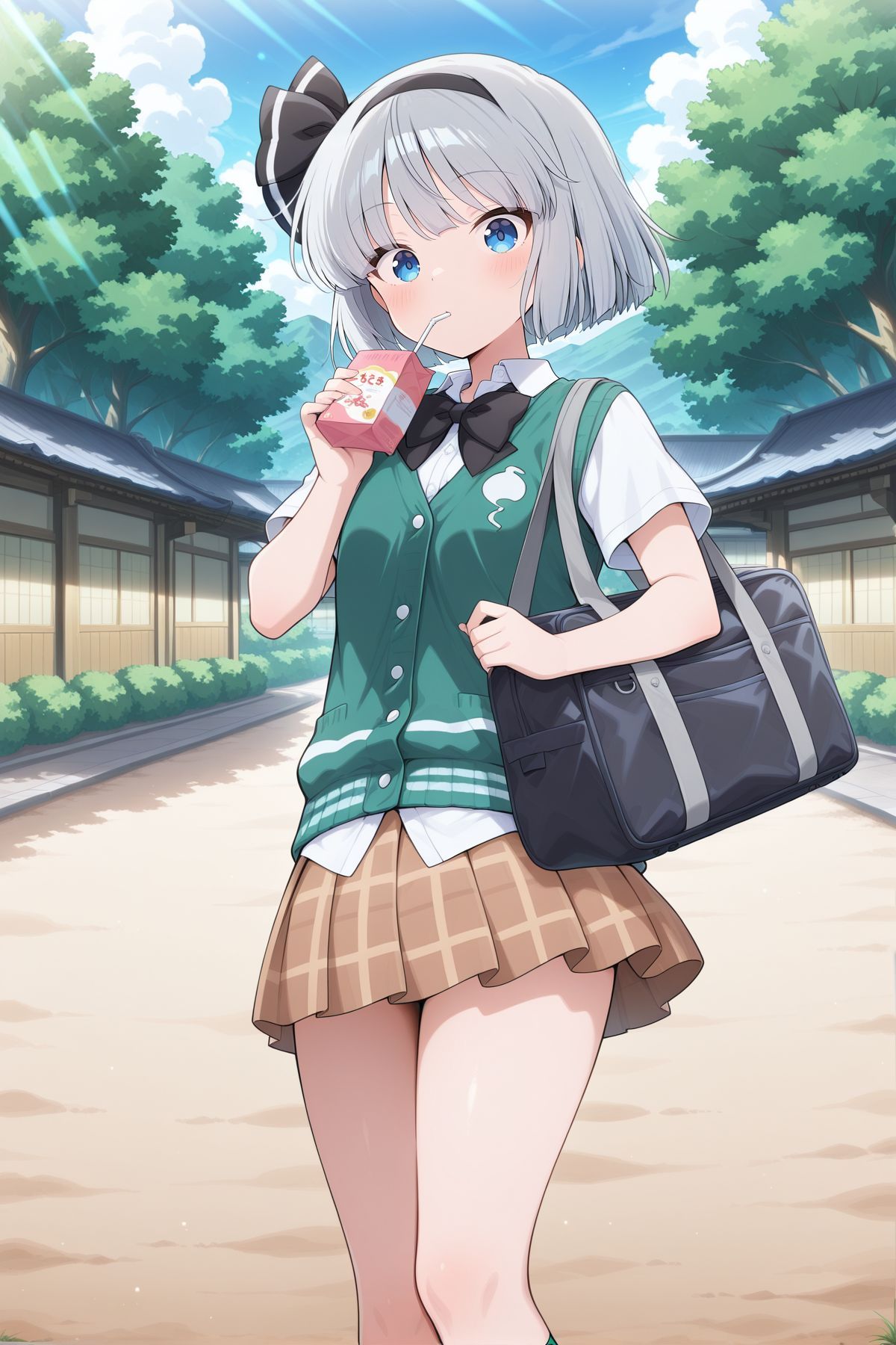 absurdres, highres, masterpiece, best quality, amazing quality, official anime artwork, screencap, anime screencap, outdoors, looking at viewer, dynamic pose, 
 <lora:Youmu-Konpaku_IllustriousV2:1> konpaku youmu, 1girl, solo, blue eyes, grey hair, short hair,, youmu \(graceful hakugyoku student council member\), alternate costume, adapted costume, black hairband, hair bow, black bow, black bowtie, school uniform, green cardigan, white shirt, short sleeves, brown skirt, plaid skirt, pleated skirt, hitodama print, kneehighs, green socks, brown shoes, black bag, school bag, shoulder bag, holding juice box, drinking straw,