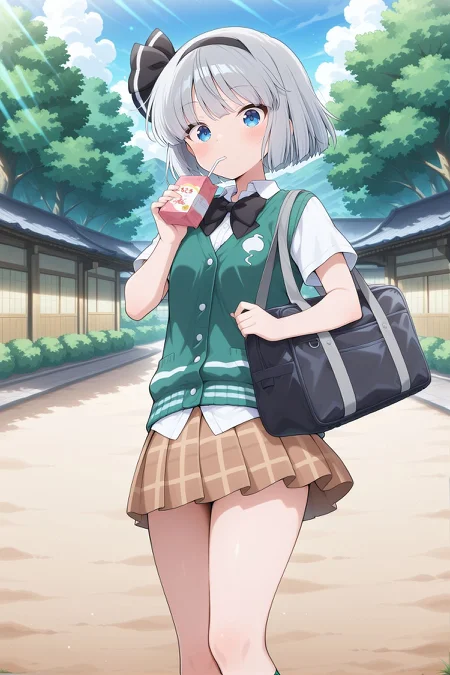 absurdres, highres, masterpiece, best quality, amazing quality, official anime artwork, screencap, anime screencap, outdoors, looking at viewer, dynamic pose, 
 <lora:Youmu-Konpaku_IllustriousV2:1> konpaku youmu, 1girl, solo, blue eyes, grey hair, short hair,, youmu \(graceful hakugyoku student council member\), alternate costume, adapted costume, black hairband, hair bow, black bow, black bowtie, school uniform, green cardigan, white shirt, short sleeves, brown skirt, plaid skirt, pleated skirt, hitodama print, kneehighs, green socks, brown shoes, black bag, school bag, shoulder bag, holding juice box, drinking straw,