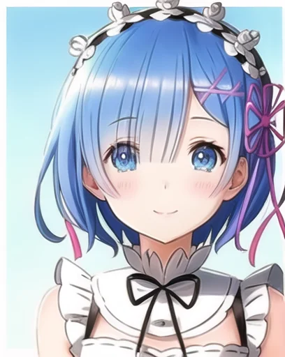 Rem3-2600:0.7, rem,re:zero,highres,(masterpiece_1.0),(white background),(re:zero style),(anime style),(best quality_1.0),(profile shot),looking at viewer,(face),close up,smiling,perspective from front