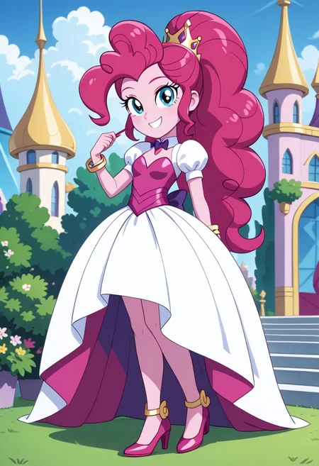 score_9, score_8_up, score_7_up, score_6_up, from My Little Pony Equestria Girls, a very young little human girl Pinkie_Pie wearing a fit blue|sky|green|brown|darkpurple|red|yellow gradients colors short princess dress, elegant detailed princess shoes, solo, 1girl, little princess girl, dark pink hair with crown hairband, smile, childhood, looking at viewer, glow detailed eyes, garden of canterlot, tul, chiffon, laces, semi realistic cartoon, unreal engine 5,  full body close-up, absurdres, digital art, soft light, perfect hands, perfect, hands, perfection, soft pink skin, skyblue eyes, party accesories and shoes, jewelry, tres chic,<lora:age_slider_v4:-4>,