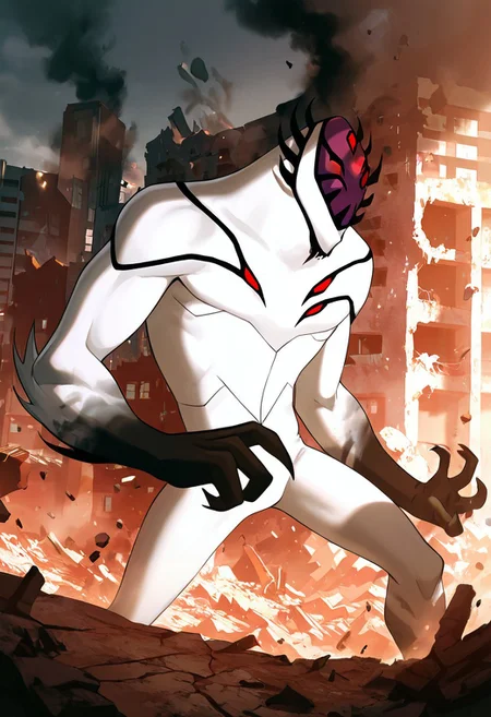 masterpiece, best quality, amazing quality, very aesthetic, absurdres, newest,, detailed background,
highbreed, extra eyes, solo, alien, white skin, purple face, , monster, red eyes, black hands, , claws, black head spikes, white body,
punching building, destroyed building, falling building, destroyed city, smoke, attacking building, pushing building, from side,