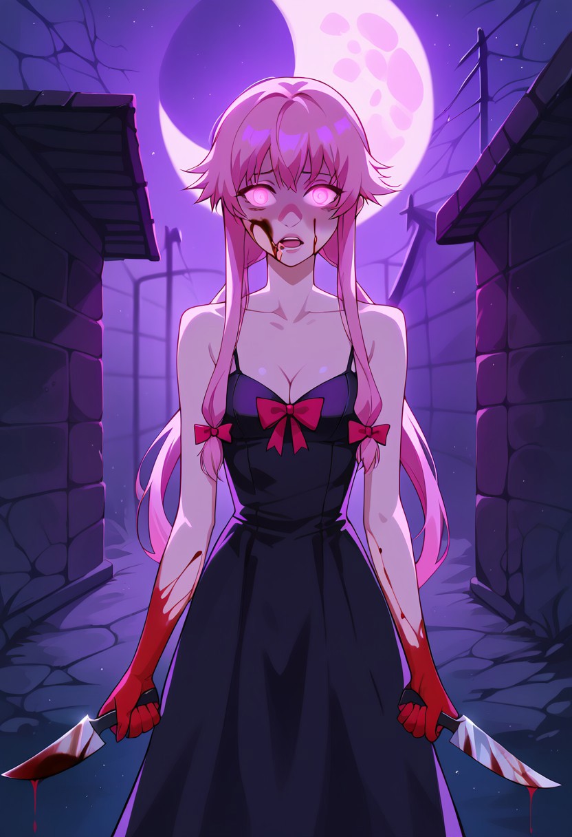 score_9, score_8_up, score_7_up, score_6_up,   <lora:st4t1ctvXLP:1> st4t1ctv, chromatic aberration, dark purple theme, red vignette, 1girl, solo, yuno gasai, long hair, pink eyes, glowing eyes, pink hair, moan, blood on face, blood on hands, low twintails, bare shoulders, black dress, bow, cleavage, collarbone, dress, hair bow, yandere trance, outdoors, dark alley way, night, moon, concept art, realistic, dark theme, low light, dark night, cinematic lighting, holding knife, stabbing corpse on ground, from behind, from back, scary