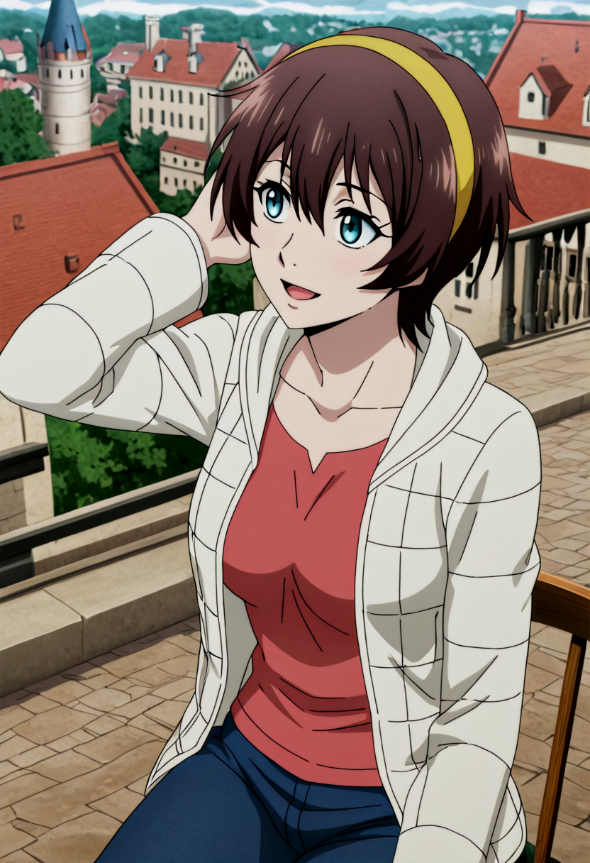 <lora:Yuu_IL_V3:0.9>,masterpiece,high quality,highres,absurdres, score_9, score_8_up, score_7_up, very aesthetic, (Character), source_anime, detailed, high quality, beautiful, masterpiece, detailed eyes, castle, village, blurry background, cityscape, pose dynamic angle, light smile, open mouth, hand on hair, sitting.,
Yuu_WhiteJacket,1girl,brown short hair,hair between eyes,blue eyes,medium breasts,yellow hairband,jacket,long sleeves,hood,
