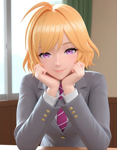 PD1va-Style, 3D style, 3D, 1girl, solo, blonde hair, purple eyes, long sleeve, smiling, grey blazer